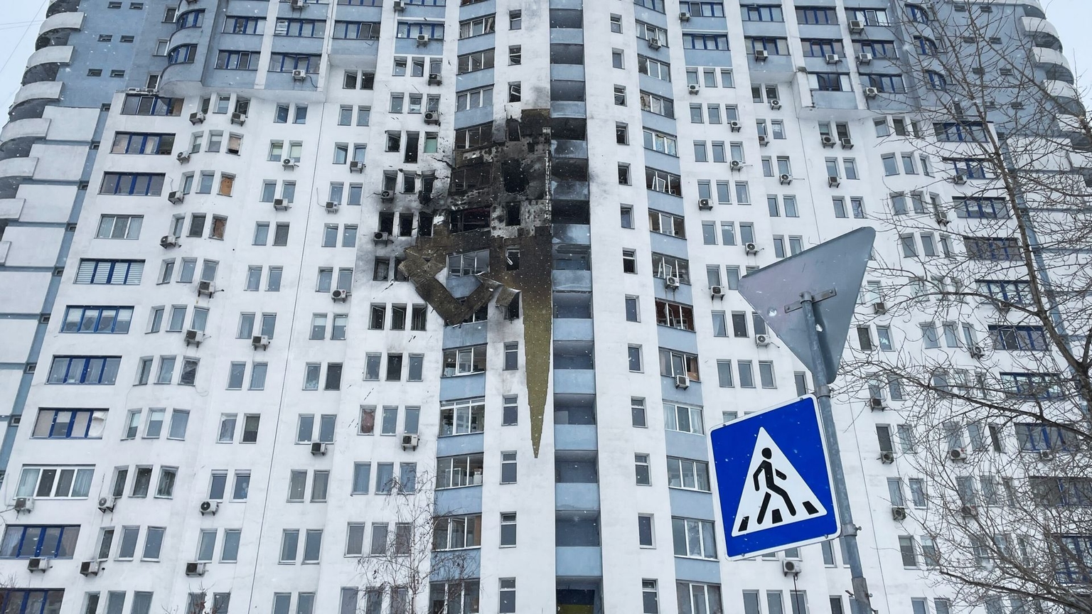 Damaged residential building following a Russian attack in Kyiv, Ukraine, on Jan. 9, 2026. 