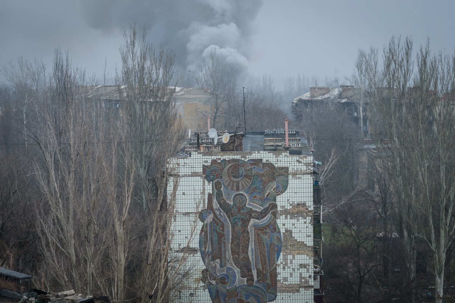 Partly destroyed Soviet-era mosaics are seen in Kostiantynivka, Donetsk Oblast, Ukraine, on Dec.4, 2025.