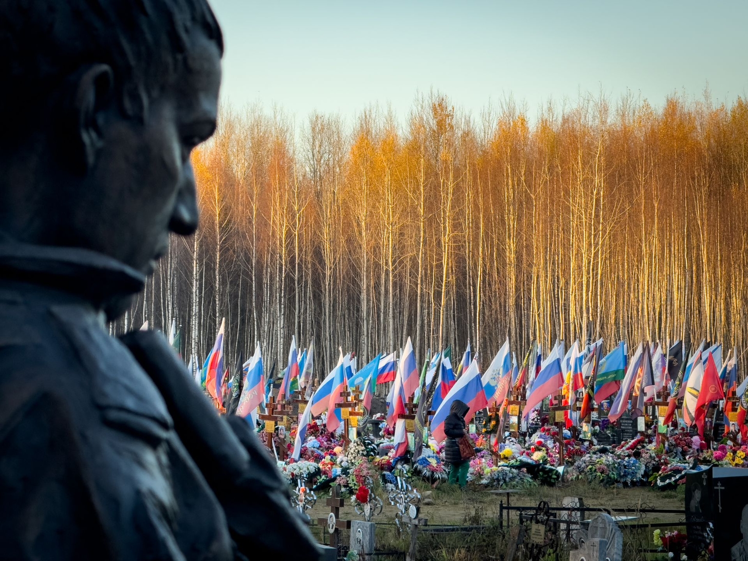 A monument to Russian soldiers stands at a burial site in Kostroma, Russia, on October 20, 2025.