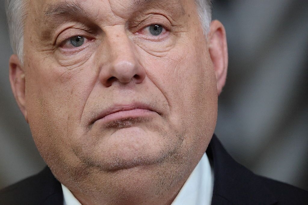 Then-Hungarian Prime Minister Viktor Orban speaks to the press at the European headquarters in Brussels, Belgium, on Jan. 22, 2026.