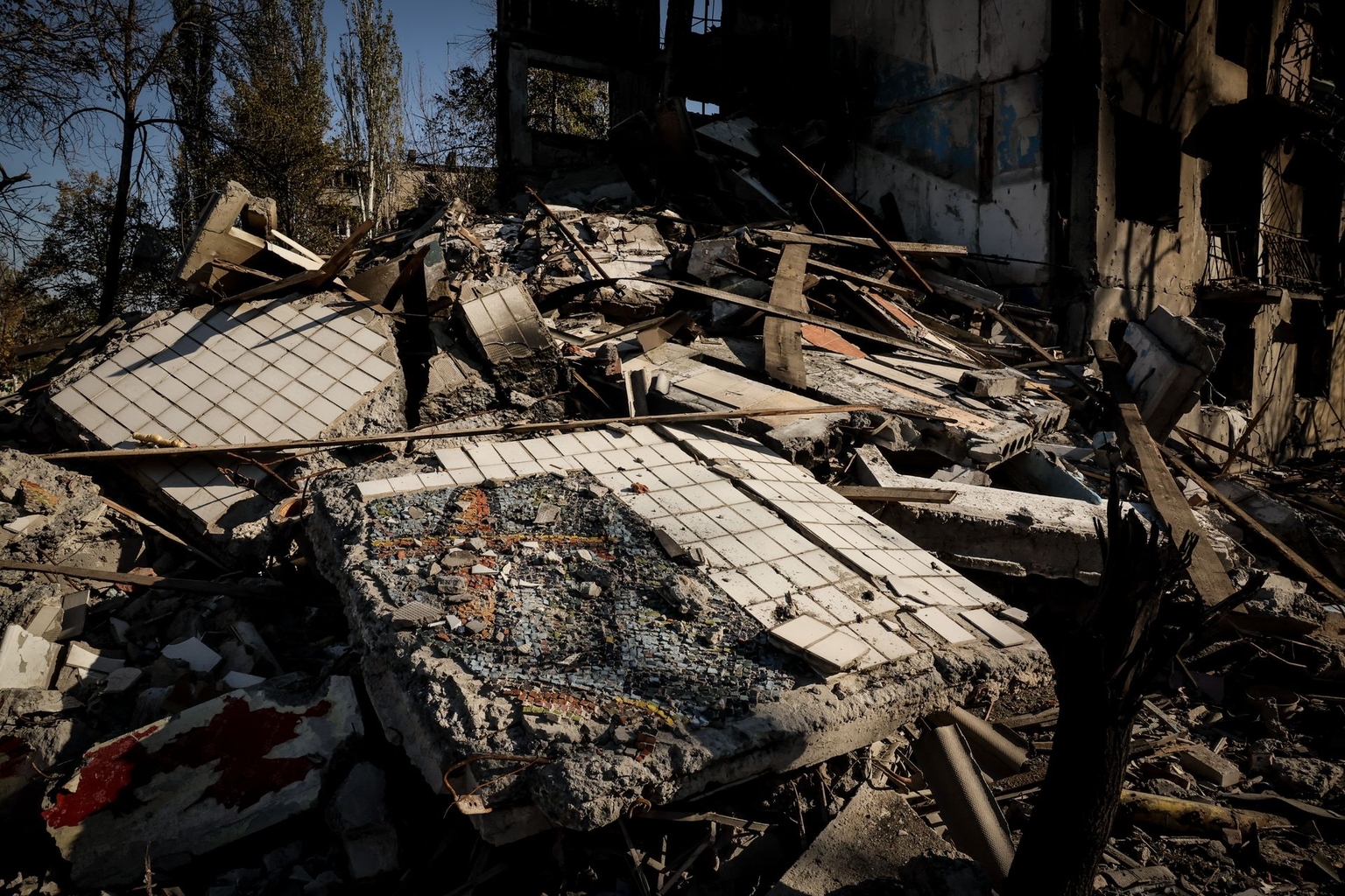 Destroyed mosaics are seen in Kostiantynivka, Donetsk Oblast, Ukraine, on Nov. 1, 2025. 