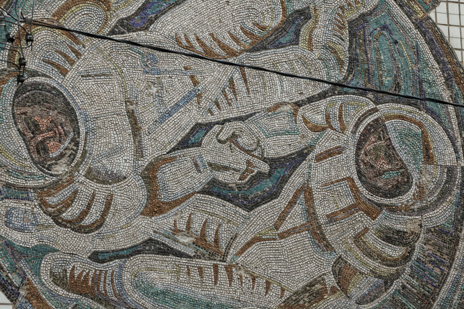Soviet-era mosaics depicting astronauts in Kostiantynivka, Donetsk Oblast, Ukraine, in an undated photo. 