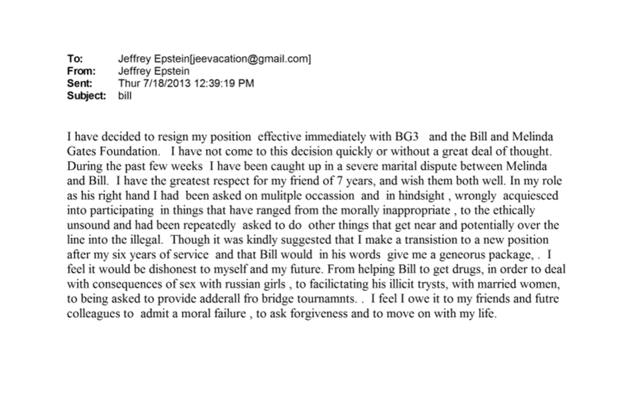 A 2013 email alleges that Epstein helped U.S. billionaire Bill Gates "get drugs in order to deal with the consequences of sex with Russian girls."