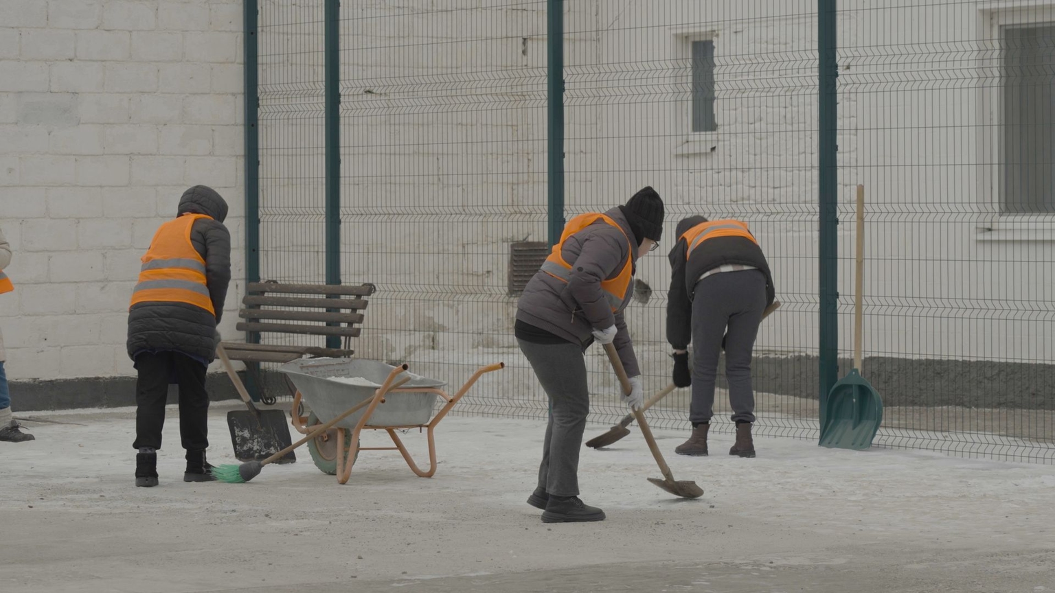 Inmates clean the grounds of a women’s penal colony in southeastern Ukraine, on Feb. 5, 2026