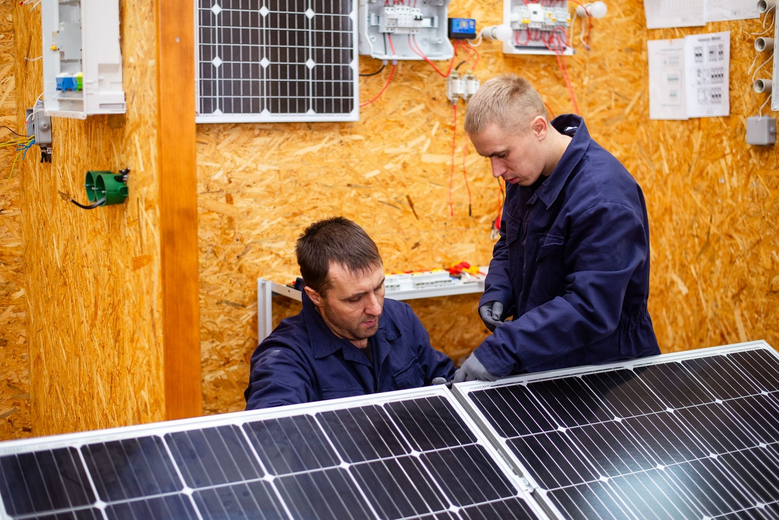 People undergo training in the installation of solar photovoltaic systems at the Kharkiv Professional College of Construction and Industry in Kharkiv, Ukraine, in 2025. 