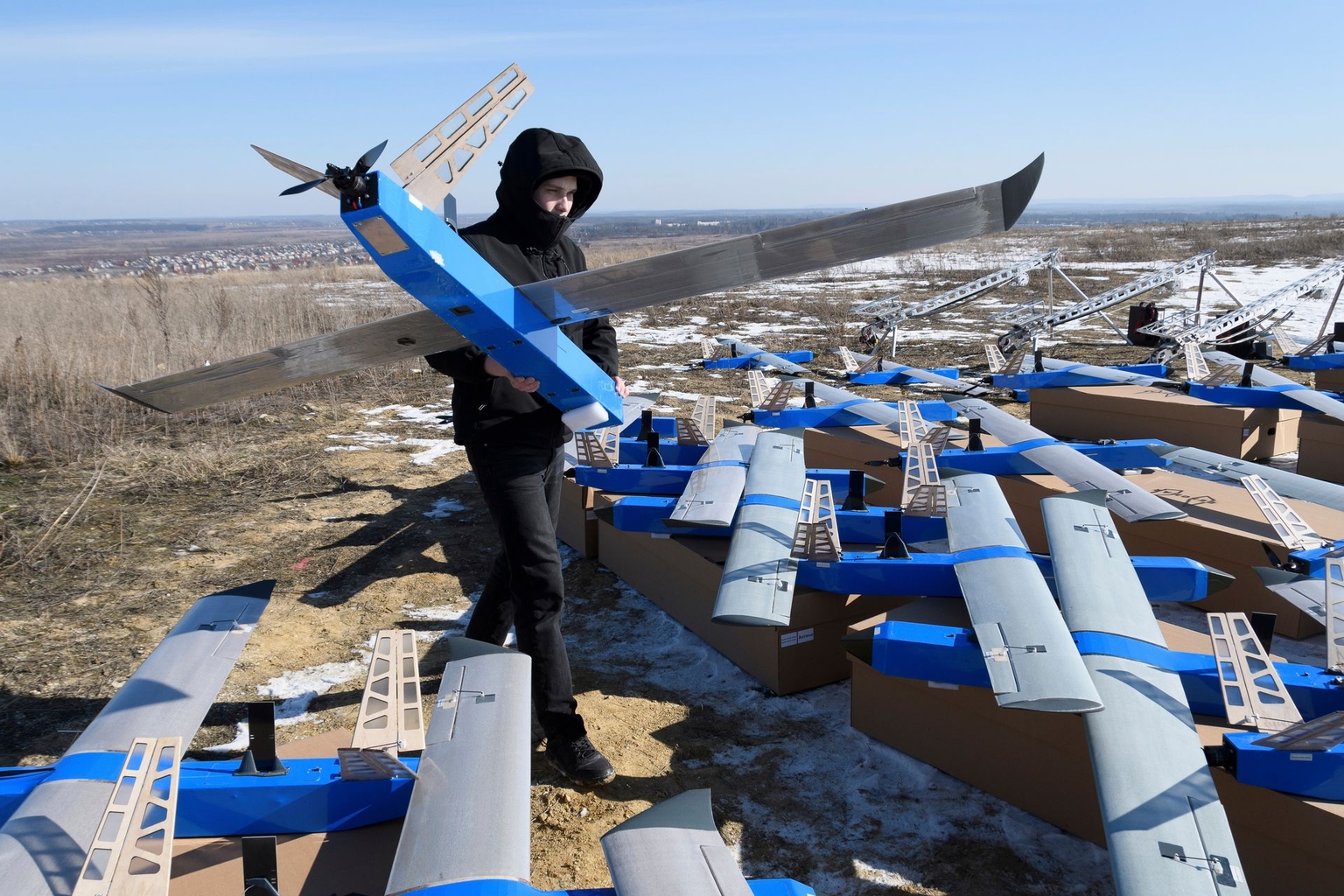 Ukrainian-made fixed-wing Besomar 3210 drone interceptors at an undisclosed location in the Lviv Oblast, Ukraine, on Feb. 21, 2025.