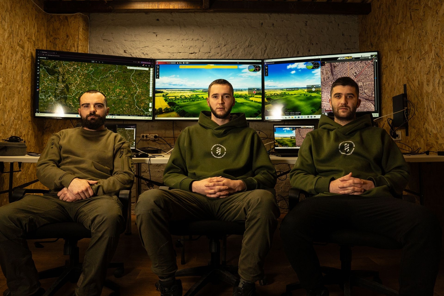 Bohdan (center) and his team of unmanned ground vehicle (UGV) operators with Ukraine’s First Medical Battalion  in Donetsk Oblast on Jan. 24, 2026