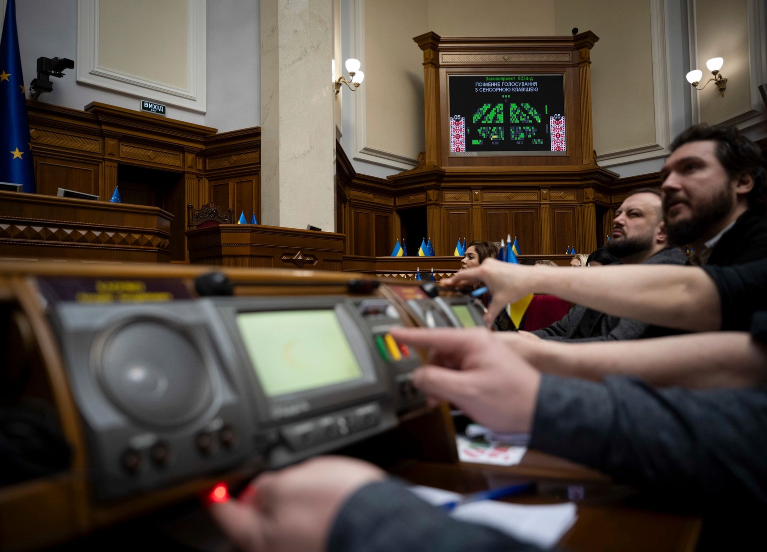 People’s Deputies vote in the session hall of the Verkhovna Rada in Kyiv, Ukraine, on March 27, 2025. 