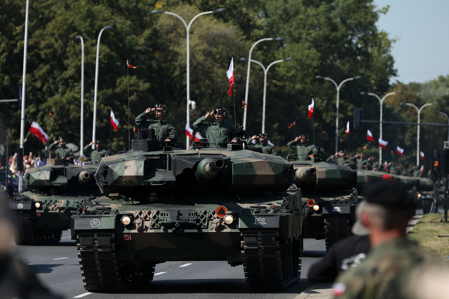 A Leopard 2PL main battle tank, a modernized version of the Leopard 2, participates in a military parade on Polish Armed Forces Day in Warsaw, Poland, on Aug. 15, 2025. 