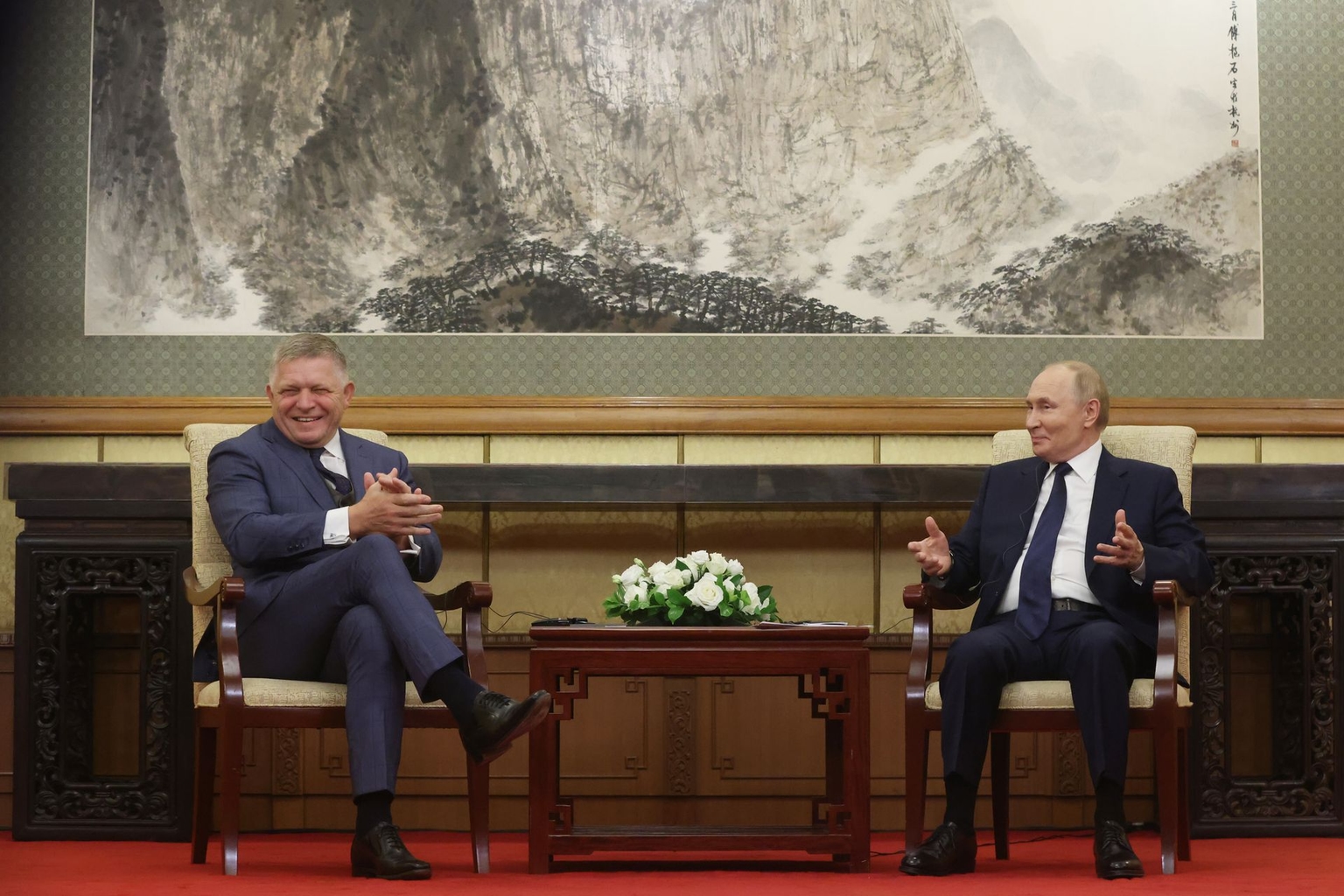 Russian President Vladimir Putin (R) meets with Slovak Prime Minister Robert Fico (L) during a bilateral meeting in Beijing, China, on Sept. 2, 2025. 