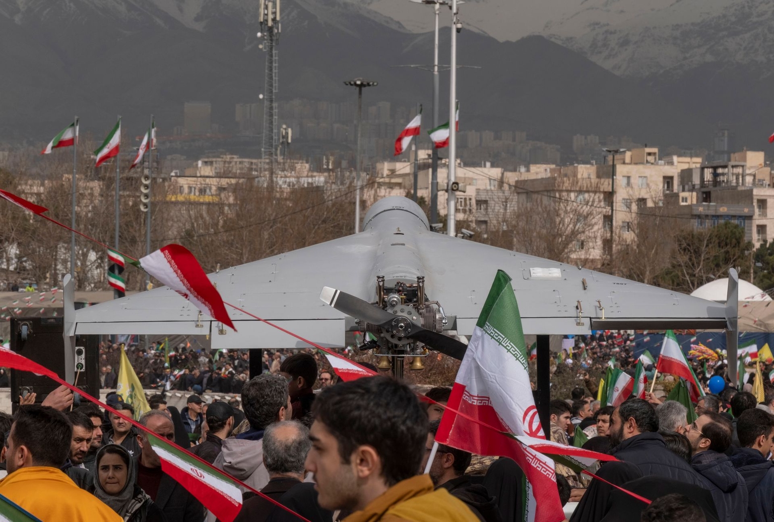 An Iranian-made Shahed-136 unmanned aerial vehicle is displayed in Tehran, Iran, on Feb. 11, 2026. 