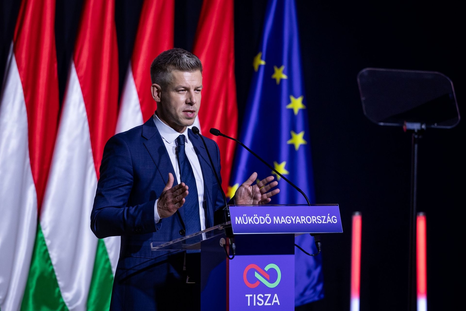 Peter Magyar, leader of the opposition Tisza Party, delivers his annual state of the nation speech in Budapest, Hungary, on Feb. 15, 2026.