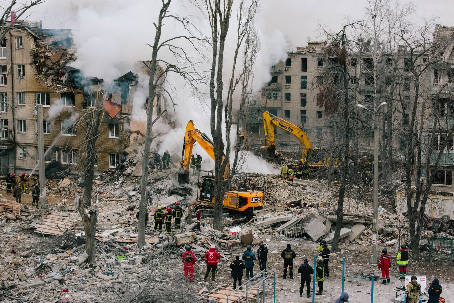 A view of a strike site is seen from a school building opposite in Kharkiv, Ukraine