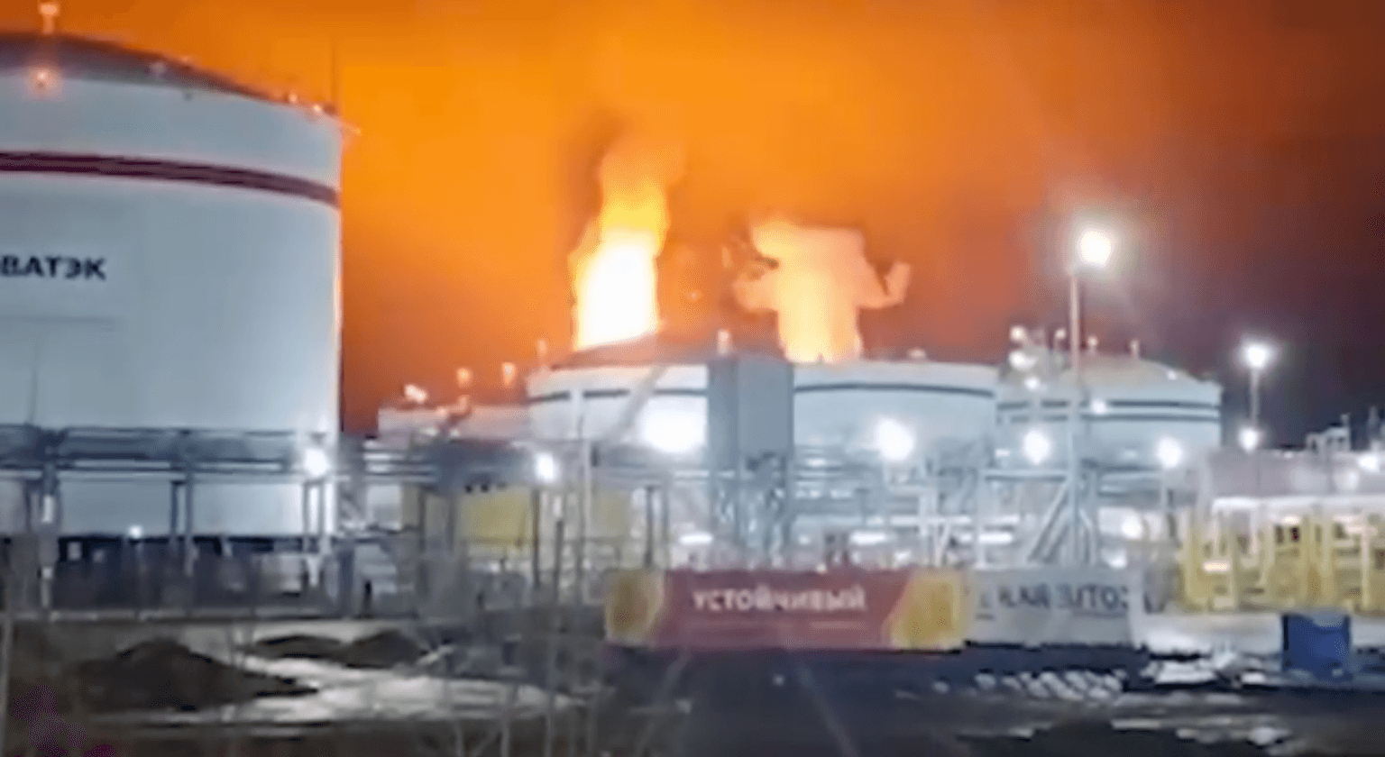 A screenshot from a video posted to Telegram showing a large fire at the Ust-Luga oil terminal in Leningrad Oblast, Russia, on the morning of March 25, 2026.