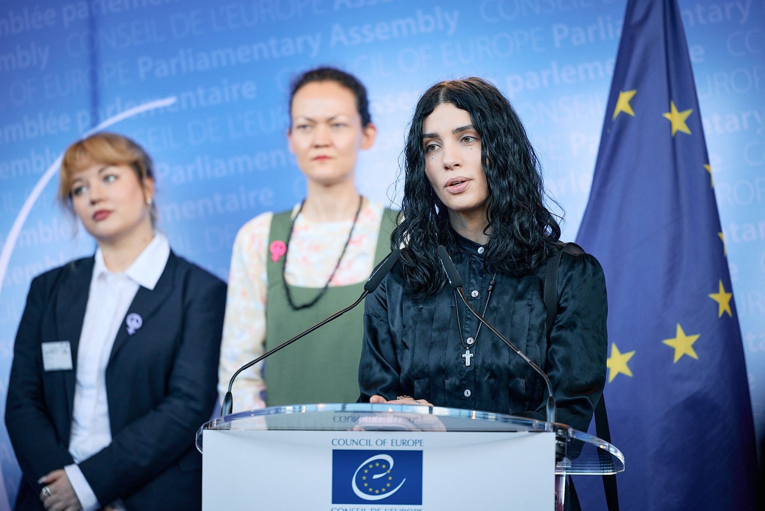 Nadya Tolokonnikova speaks during the Parliamentary Assembly of the Council of Europe (PACE) in Strasbourg, France, on April 21, 2026.