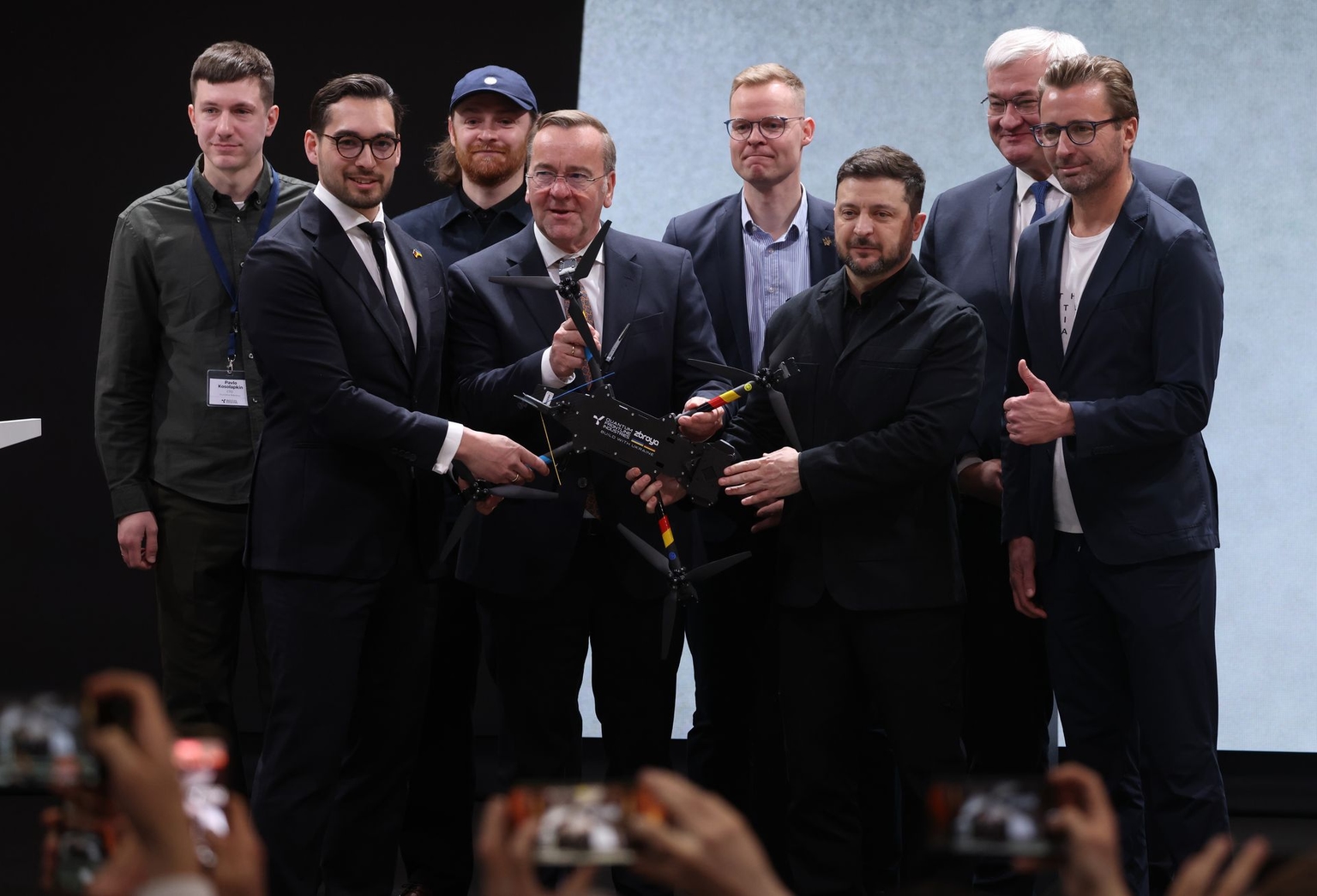 President Volodymyr Zelensky (C-R) and German Defense Minister Boris Pistorius (C-L) near Munich, Germany, on Feb. 13, 2026.