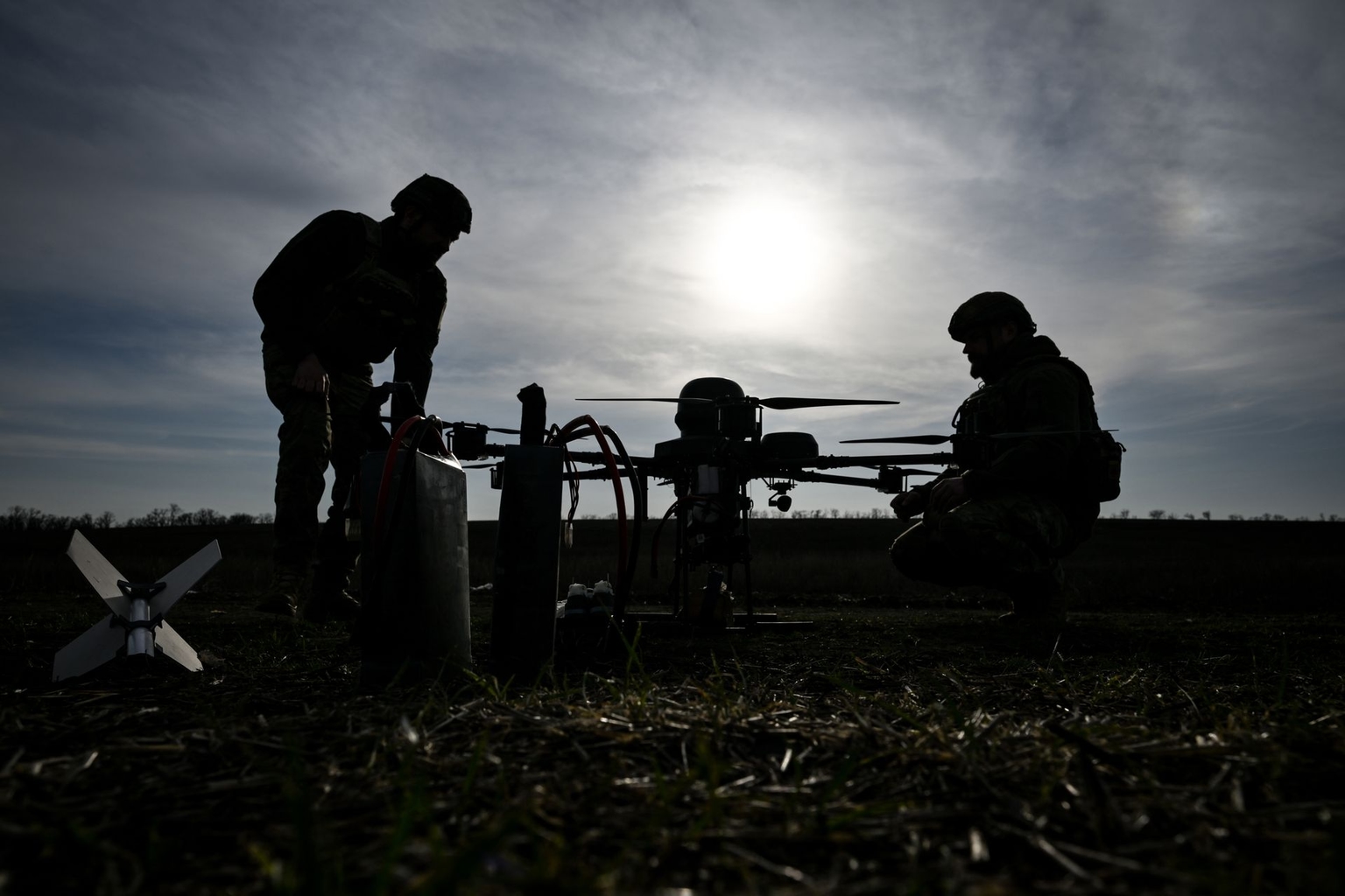 Soldiers prepare a Baba Yaga heavy bomber drone in the Zaporizhzhia Oblast, Ukraine, on March 23, 2026.