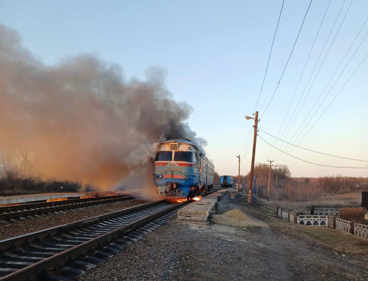 A passenger train following a Russian drone strike, in Sumy Oblast, Ukraine, on March 14, 2026. 