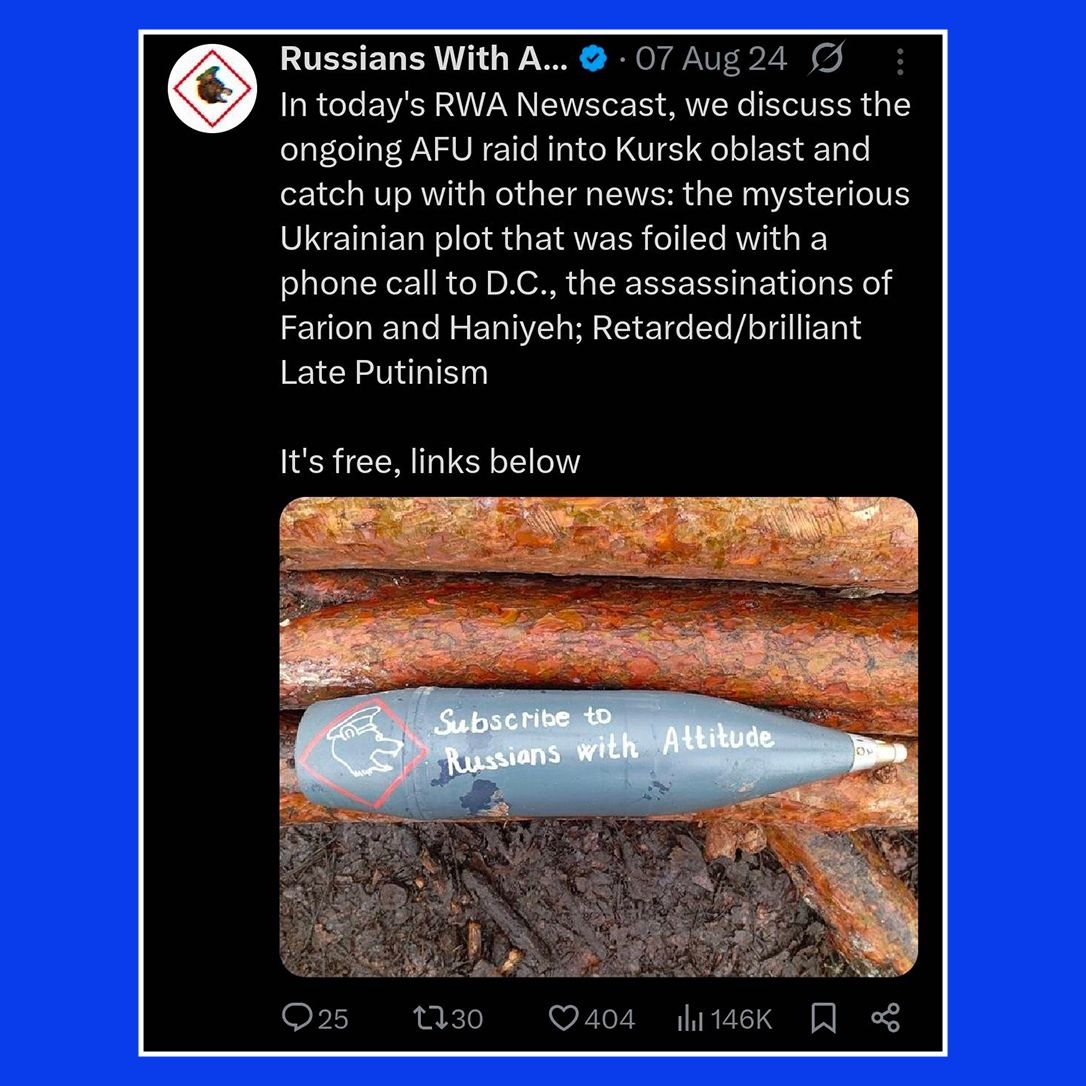 A Russian artillery shell featuring a mocking message appears in a social media post promoting a new episode of the "Russians With Attitude" podcast regarding the war in Ukraine on Aug. 7, 2025