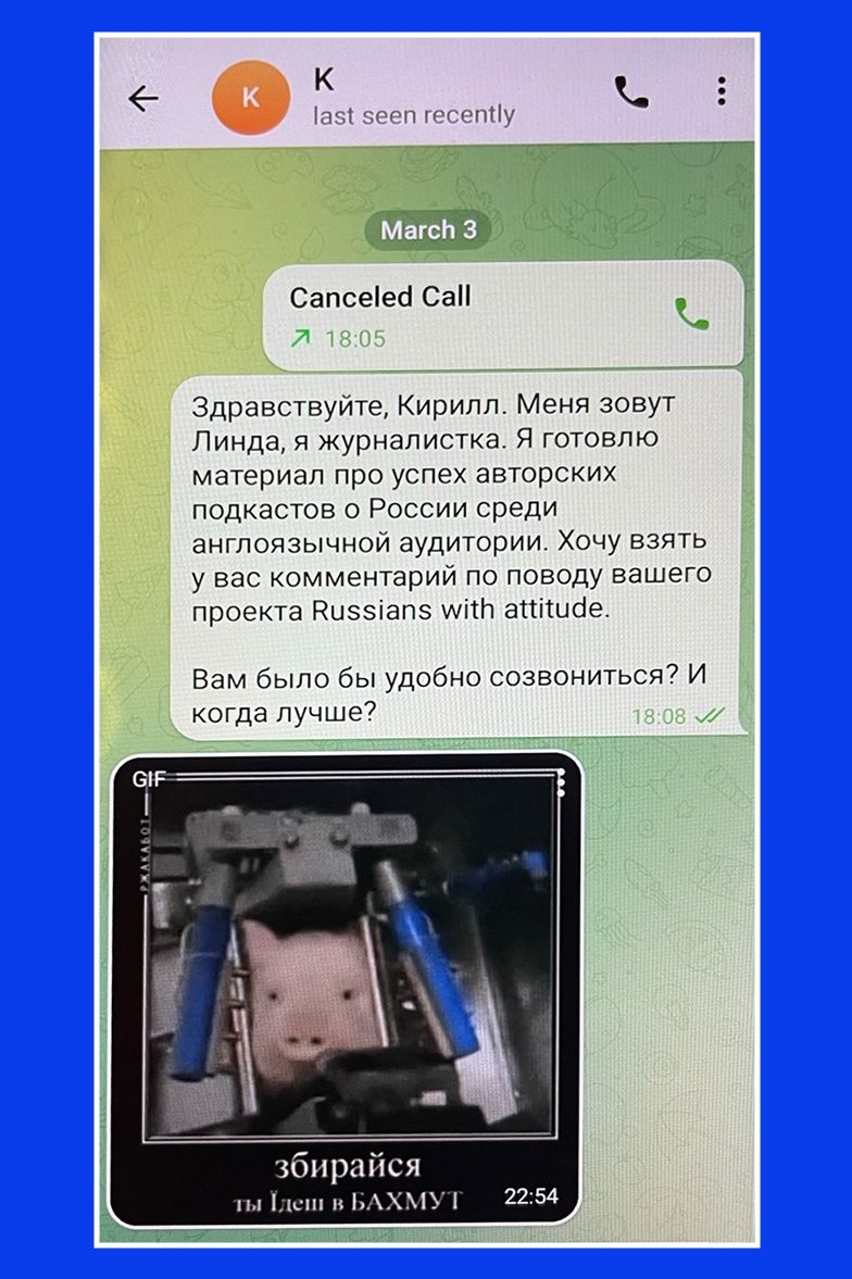 A Telegram chat between a Kyiv Independent journalist and Kirill Kamenetsky. The journalist reached out under the guise of asking about RWA’s podcast success.