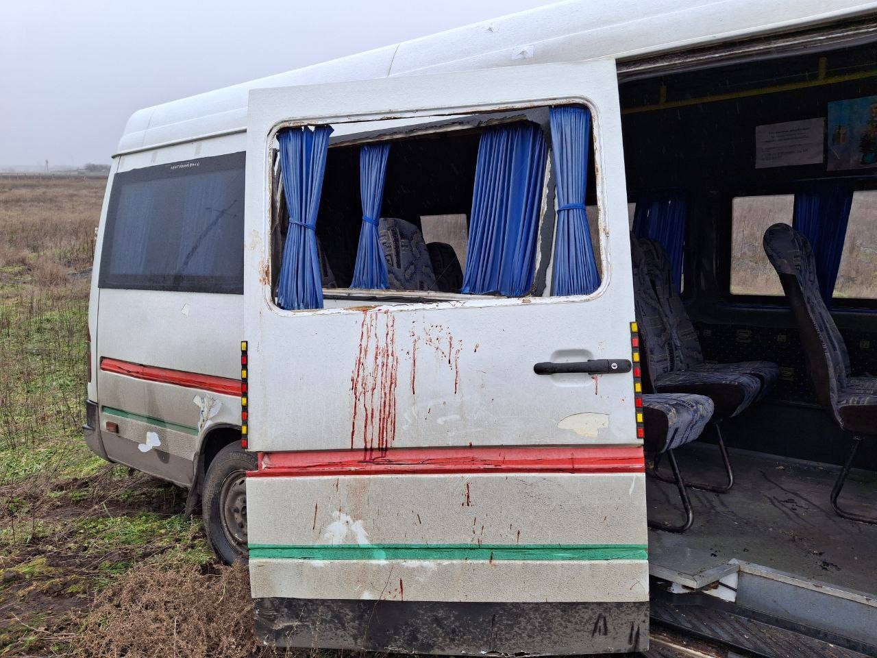 A bus that was shot at while driving from Malokakhovka, Kherson Oblast, Ukraine, in a photo posted on Feb. 13, 2026. 