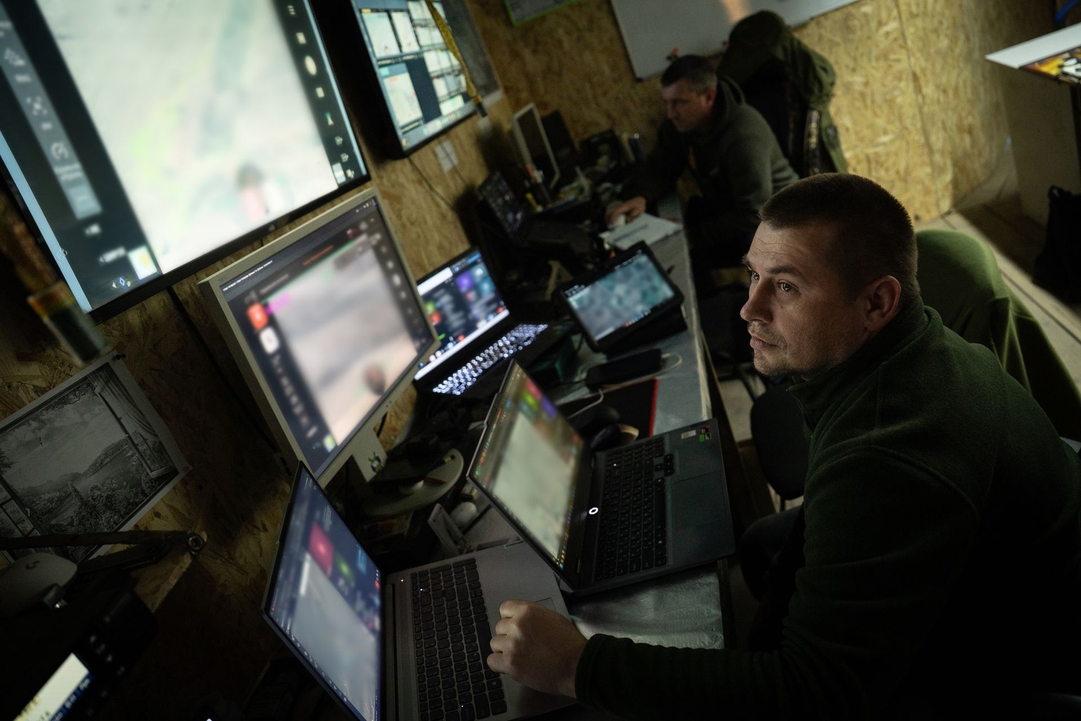 Inside a command post of Ukraine’s 110th Brigade, personnel coordinate operations in Zaporizhzhia Oblast, Ukraine, on April 5, 2026. 