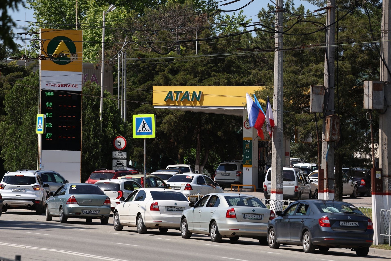 Cars line up at a petrol station in Simferopol, Russia-occupied Crimea, Ukraine, on June 12, 2026.
