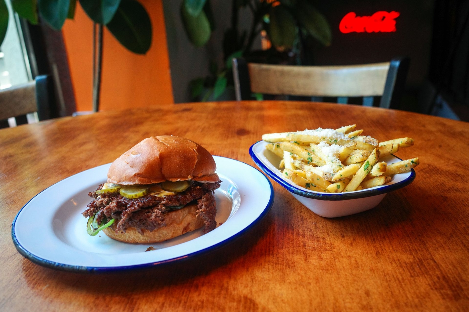 A burger and fries are served at Burger Lab in Warsaw, Poland, on May 29, 2026. 