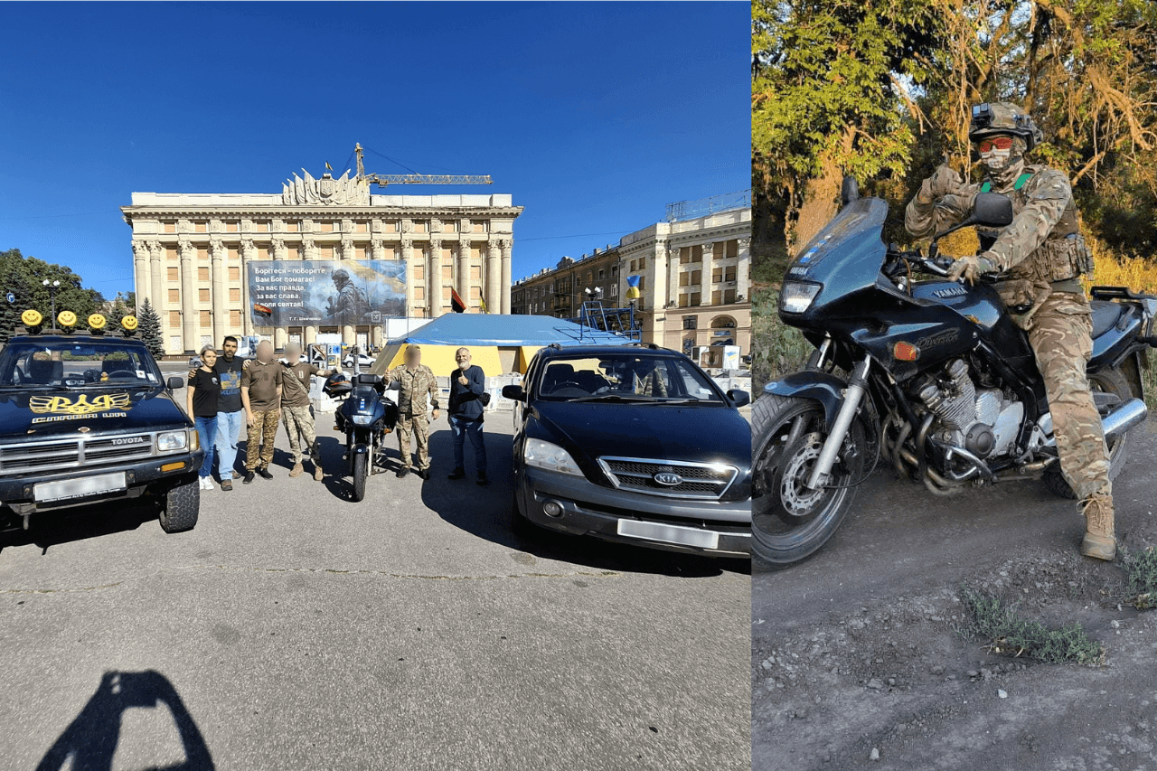 Vika, Bill, three members of the Ukrainian military, and John (left to right), with the motorcycle in the center.