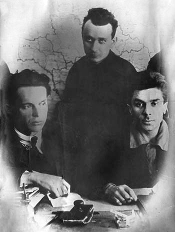 Oleksandr Dovzhenko, Kost Hordiienko, and Mykola Khvylovy at the editorial office of Vsesvit magazine, Kharkiv, Ukraine, in 1925.