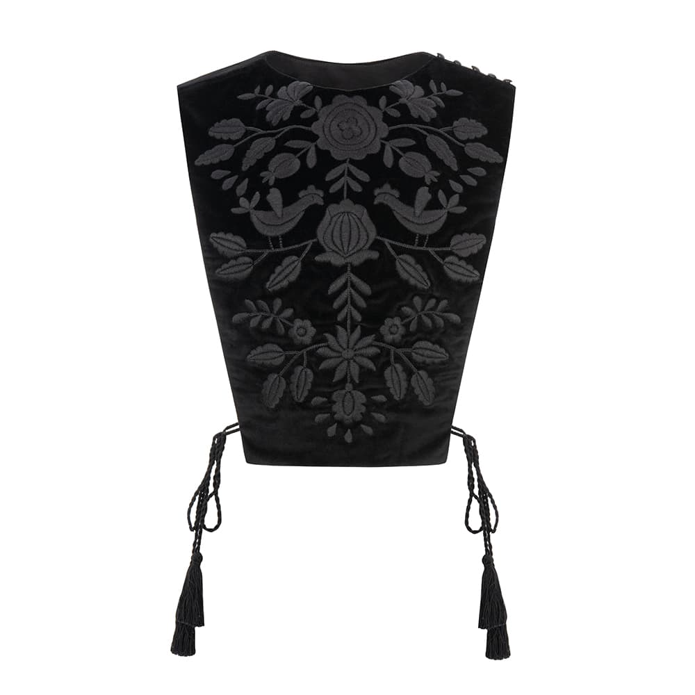 Black velvet embroidered vest by Ukrainian brand Melana
