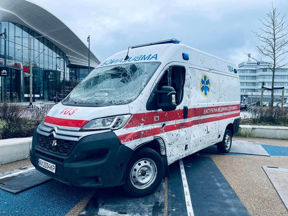 Exhibit in Netherlands shows ambulance hit by Russian attack in Ukraine