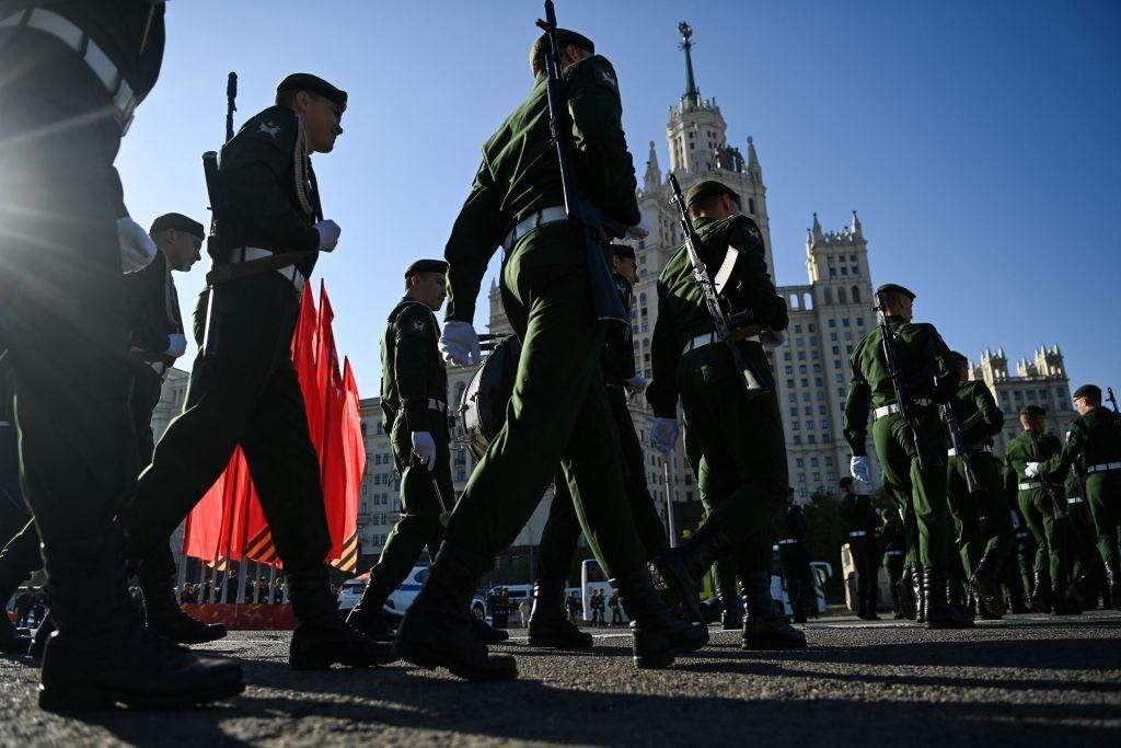 Russian military personnel arrive to participate in the Victory Day military parade