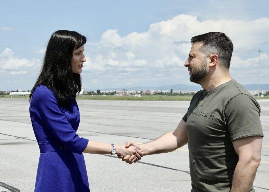 Bulgarian Foreign Minister Mariya Gabriel welcomes Ukrainian President Volodymyr Zelensky in Bulgaria.