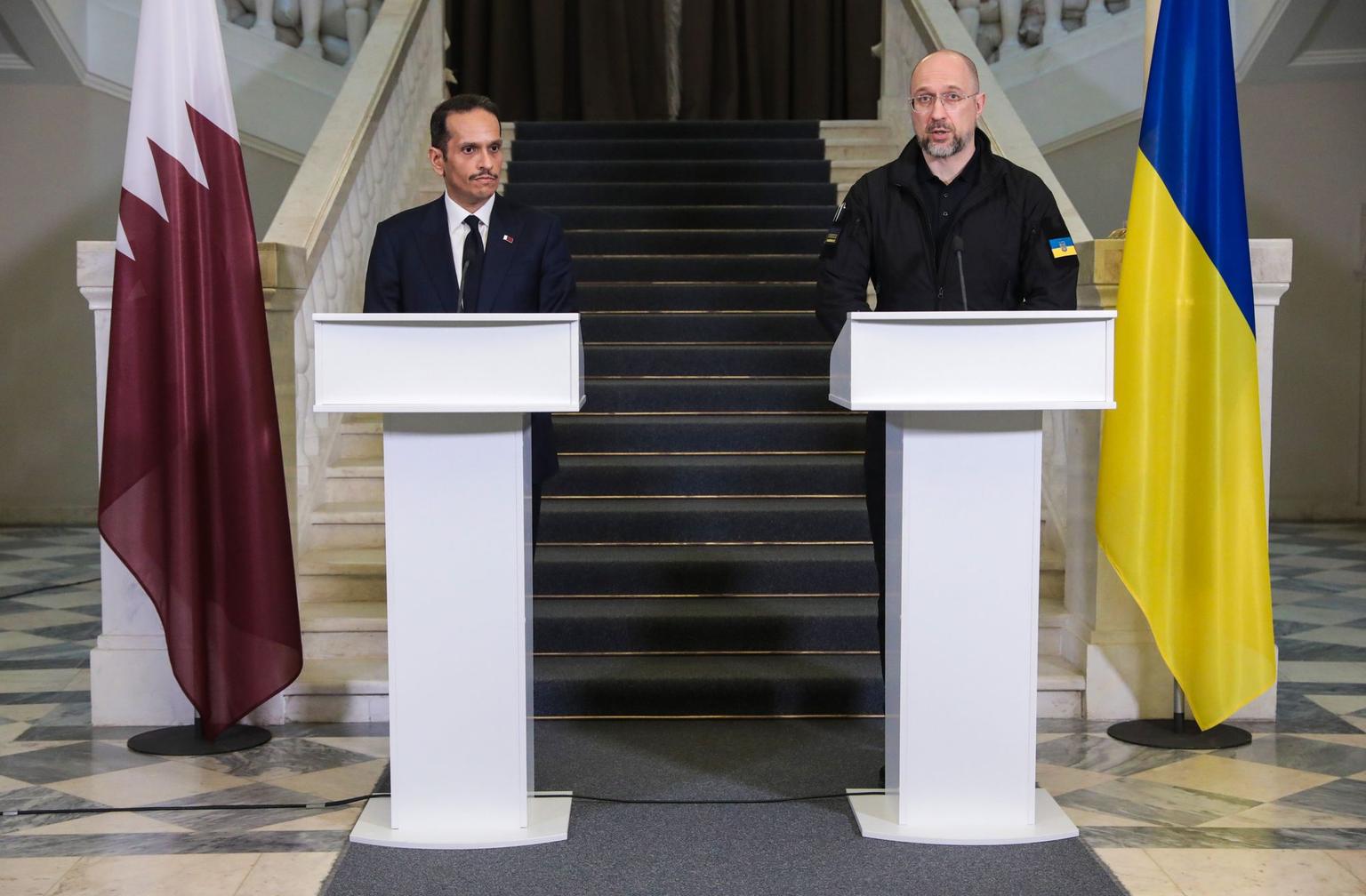 Ukraine's Prime Minister Denys Shmyhal and Qatar's Prime Minister Sheikh Mohammed bin Abdulrahman bin Jassim Al Thani