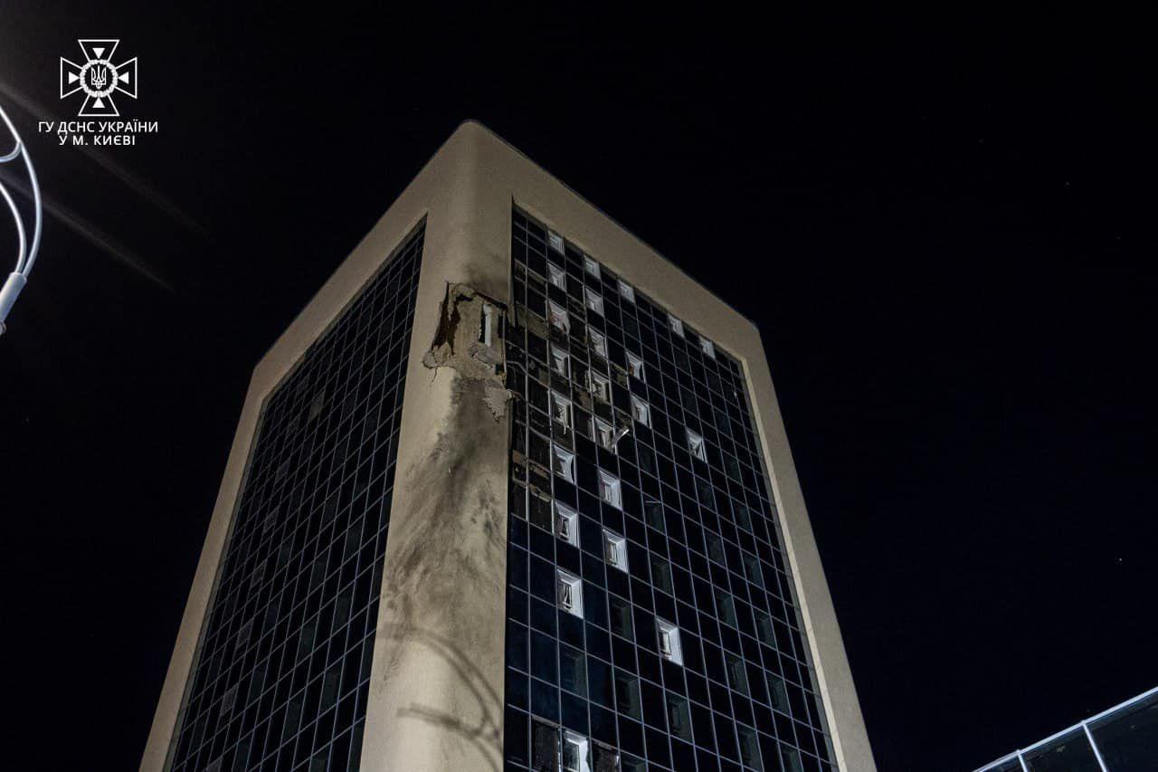 A high-rise building in Kyiv damaged by the fallen debris of a shot down Shahed drone, launched by Russia on Aug. 2, 2023