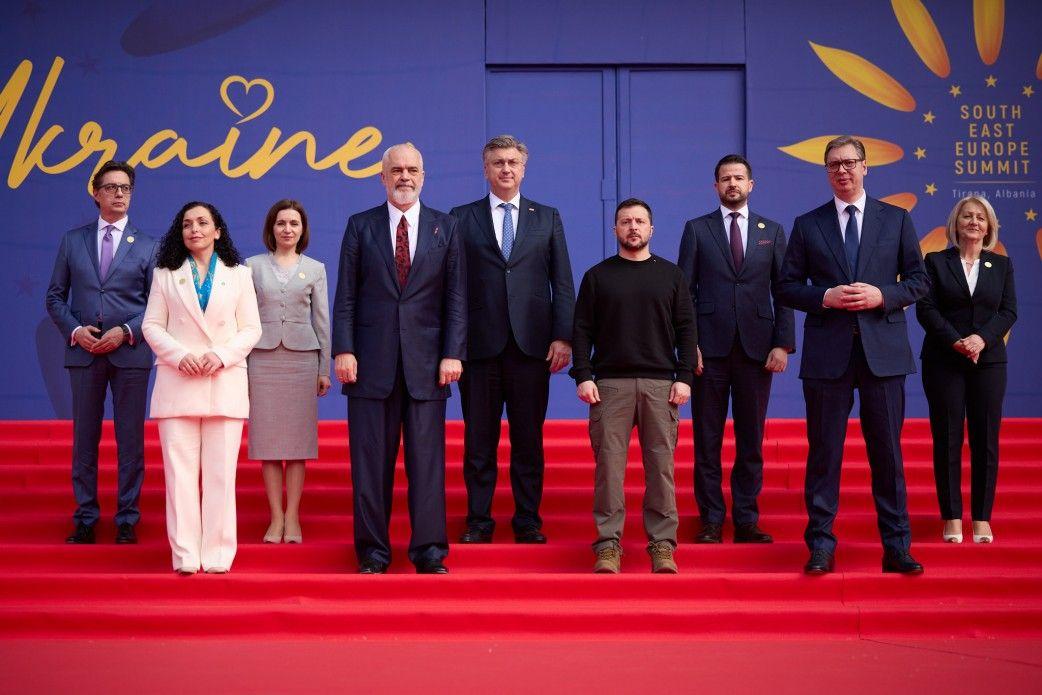 European leaders at the Ukraine-Southeast Europe summit in Tirana, Albania, on Feb. 28, 2024.