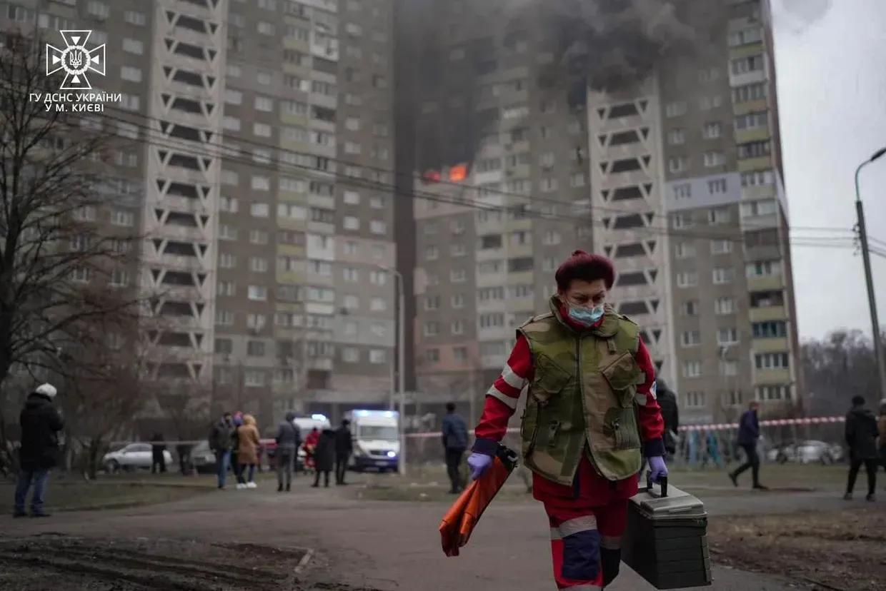 The aftermath of a Russian missile attack against Kyiv on Feb. 7, 2024.