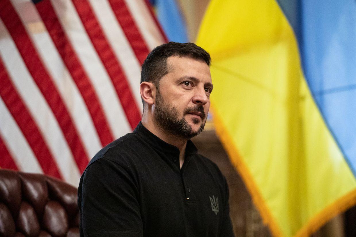 Ukrainian President Volodymyr Zelensky meets with House Speaker Rep. Mike Johnson (R-LA) (not pictured)