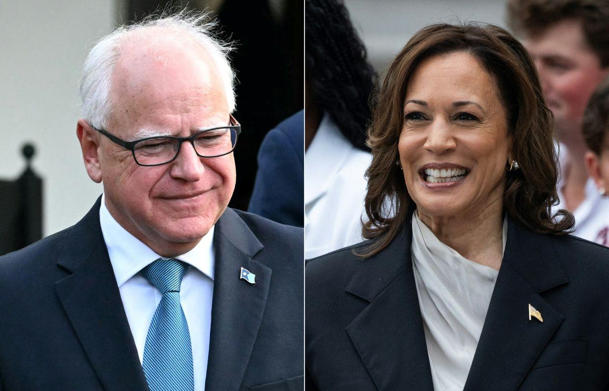 This combination of pictures shows US Vice President Kamala Harris and Governor of Minnesota Tim Walz