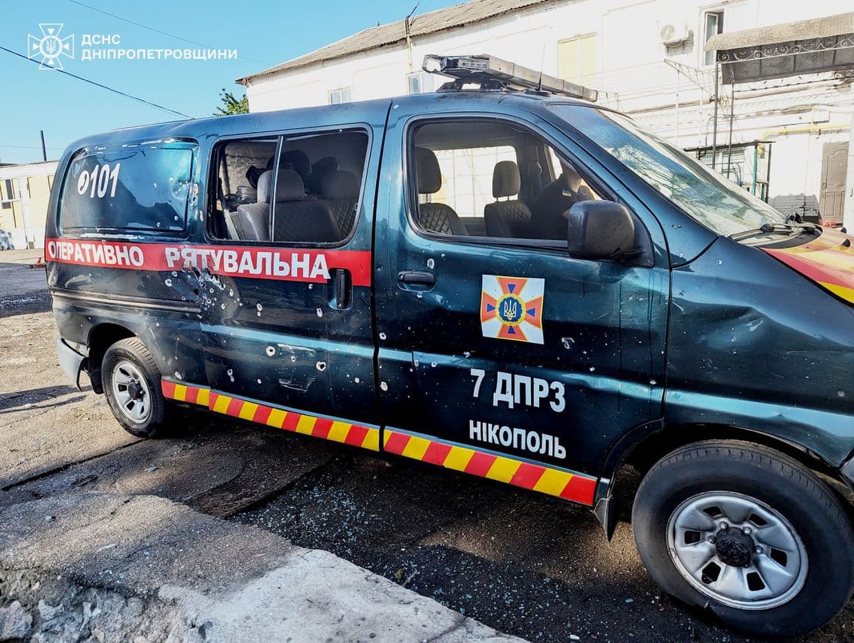 A State Emergency Service's service vehicle damaged in a Russian drone attack against Nikopol.