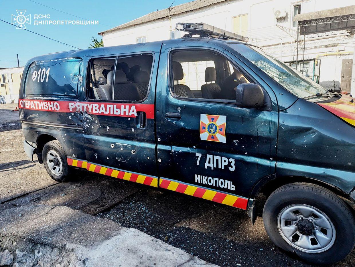 A State Emergency Service's service vehicle damaged in a Russian drone attack against Nikopol.
