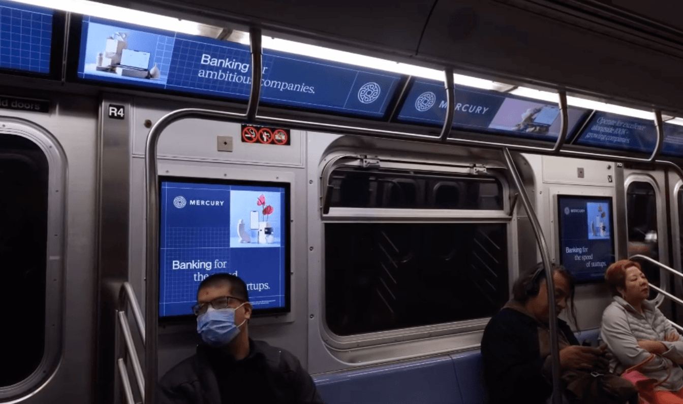 A screenshot from an undated Mercury Bank ad video in the subway.