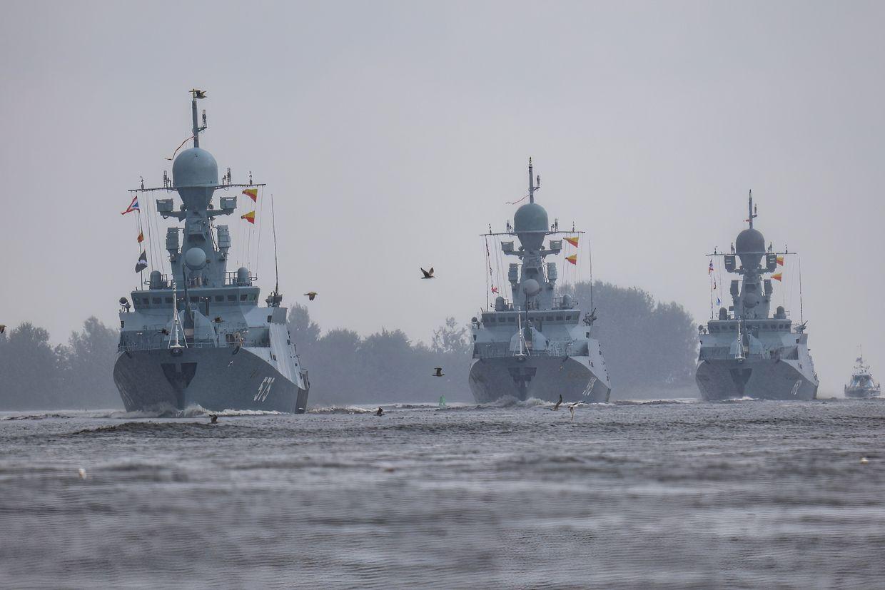 Russian naval ships take part in the rehearsal of the Naval Parade