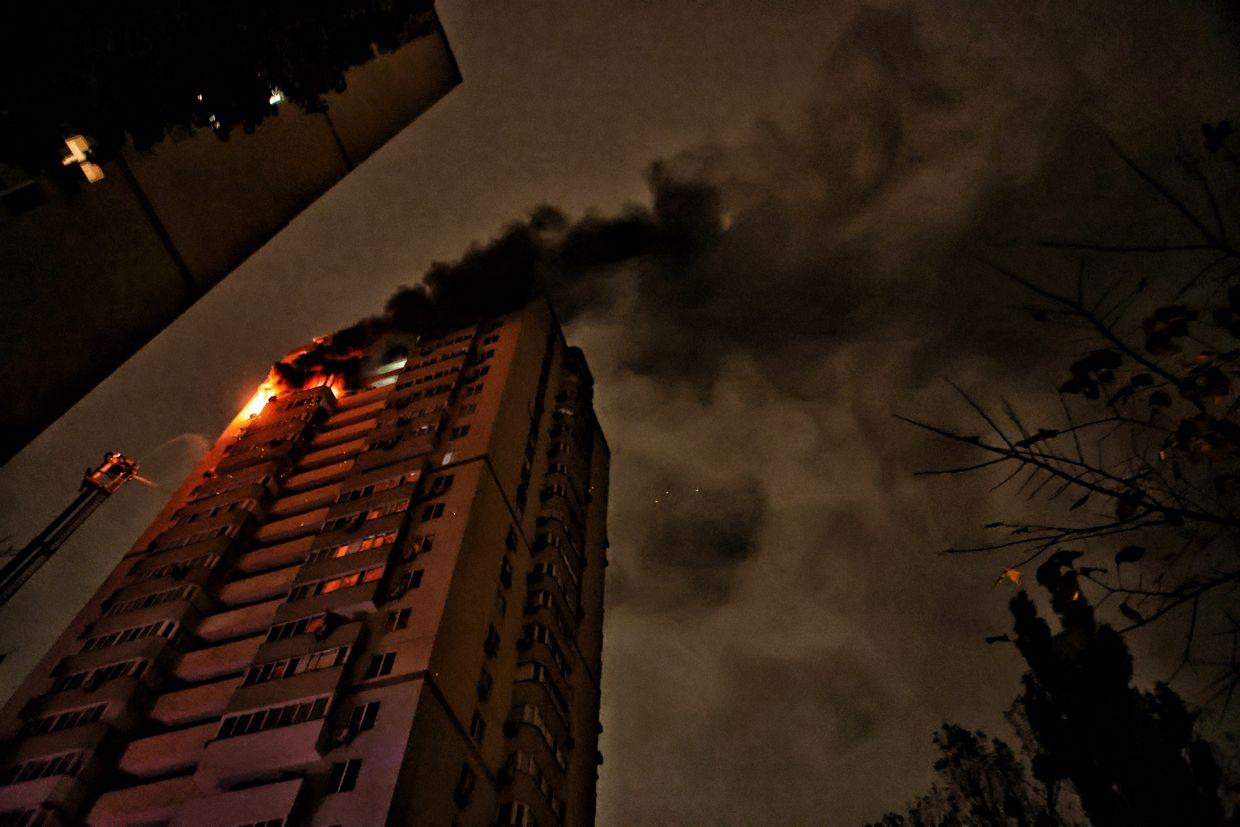 A residential building is on fire after a Russian drone attack in Kyiv, Ukraine on Oct. 25, 2024. 