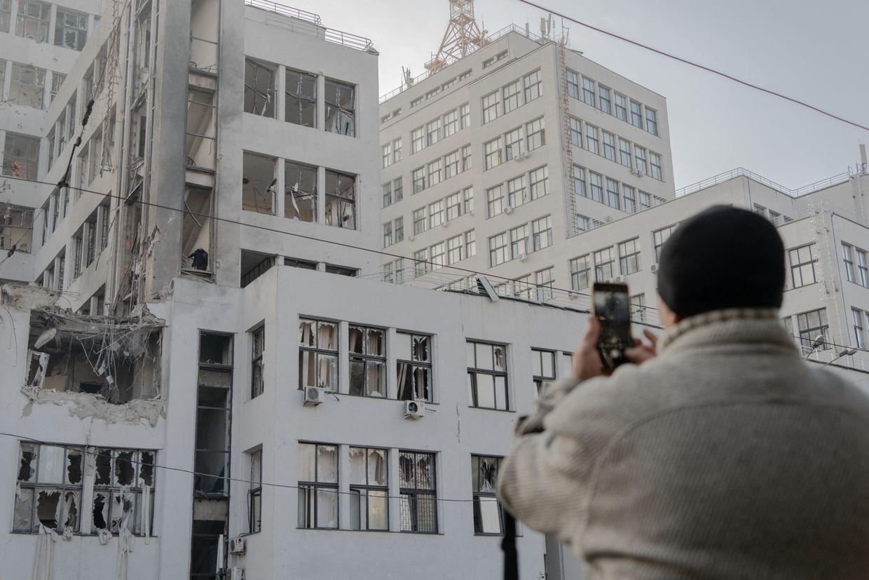 The damaged Derzhprom building, a historic skyscraper, after a missile strike in Kharkiv, Ukraine, on Oct. 29, 2024.