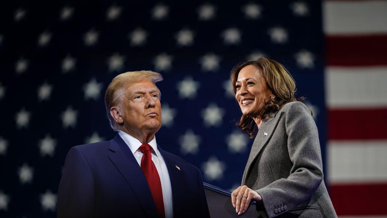 Trump-Harris collage on the background of the US flag