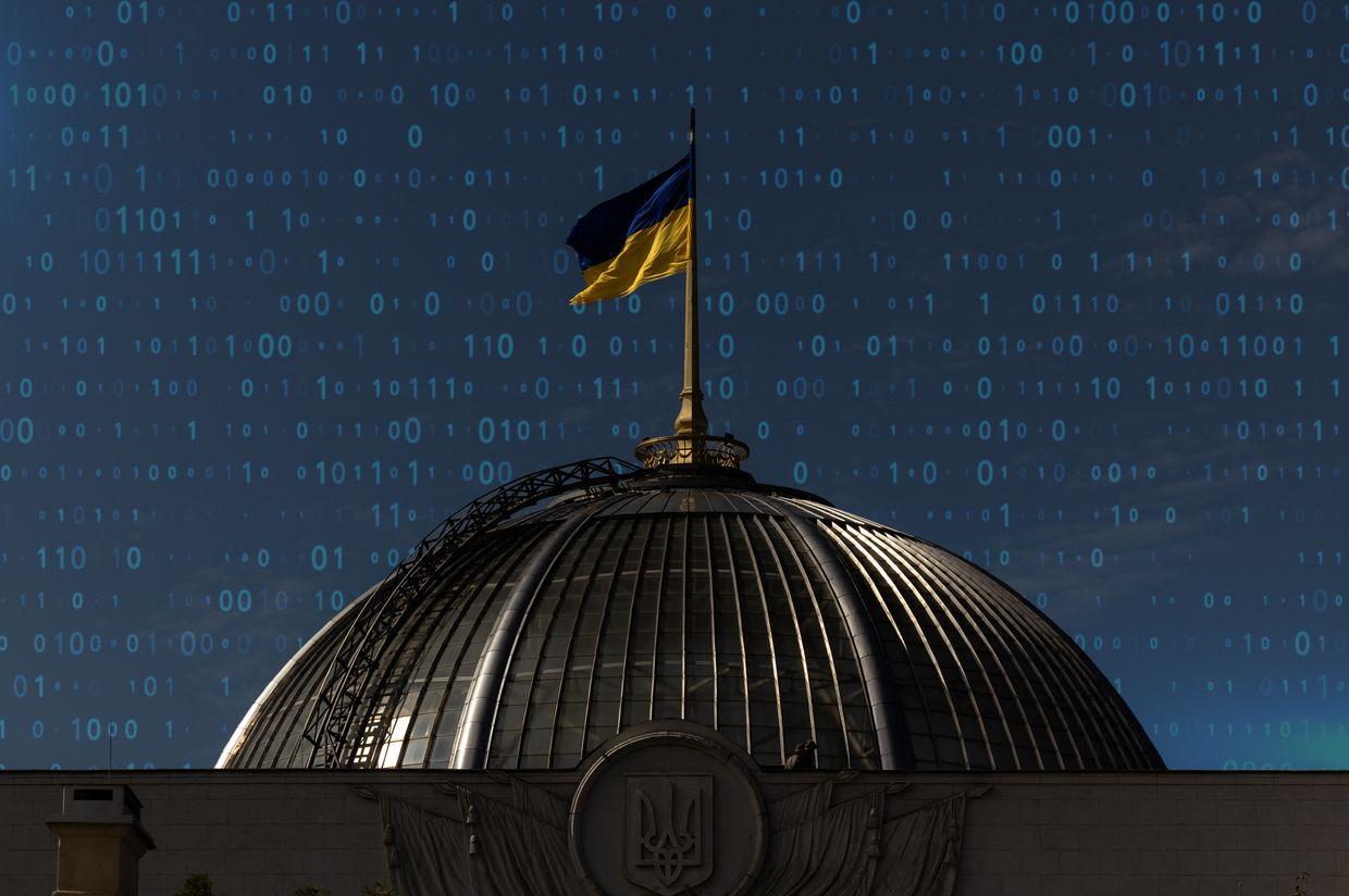  A collage of binary code and a Ukrainian flag over the Verkhovna Rada building in Kyiv, Ukraine, on Aug. 23, 2024.