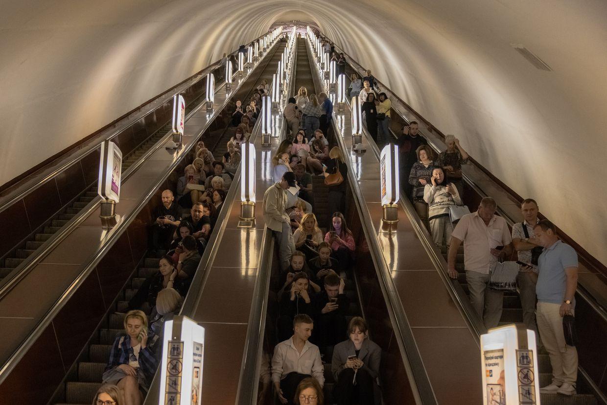 shelter in a subway station during a Russian missile attack in Kyiv, Ukraine, on May 29, 2023