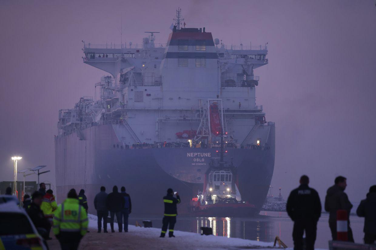 FSRU ship “Neptune” is pulled into Lubmin Port for LNG import at a new terminal in Lubmin, Germany, on Dec. 15, 2022.